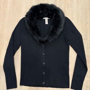 Banana Republic Black Cardigan Sweater Faux Fur Collar Petite XS